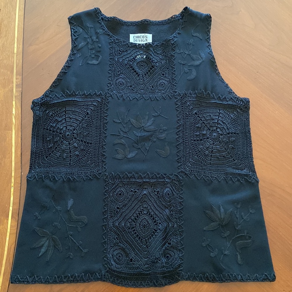 Chico’s Sleeveless Black Patchwork Embroidered Top, 3